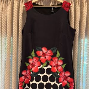 Desigual shift dress, black with polka dots and red flowers. Size 46 = XXL